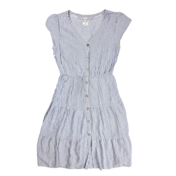 NAIF Dresses & Skirts - Naif Blue White Pin Striped‎ Elastic Waist Ruffle Hem Midi Dress Women's Size M